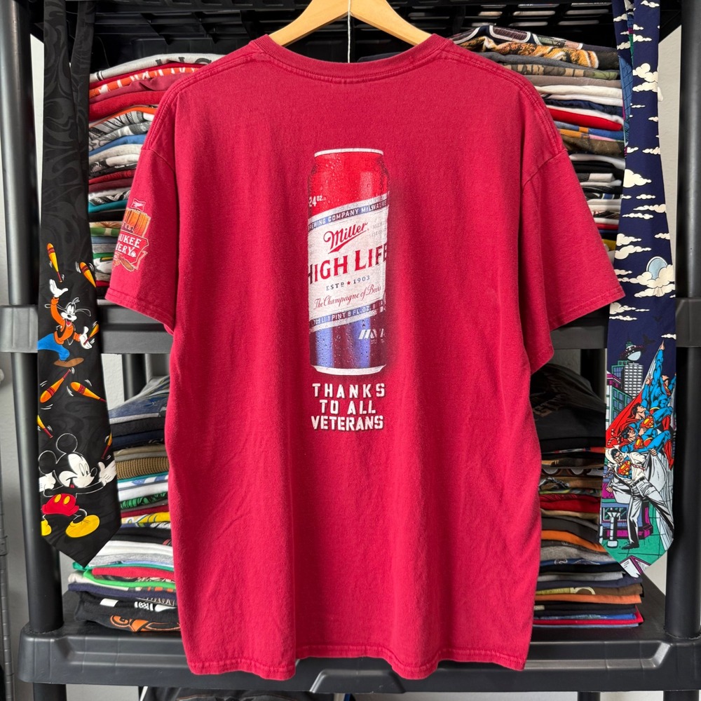 Y2K Red Miller High Life Veterans Graphic T Shirt Large Light Marks
